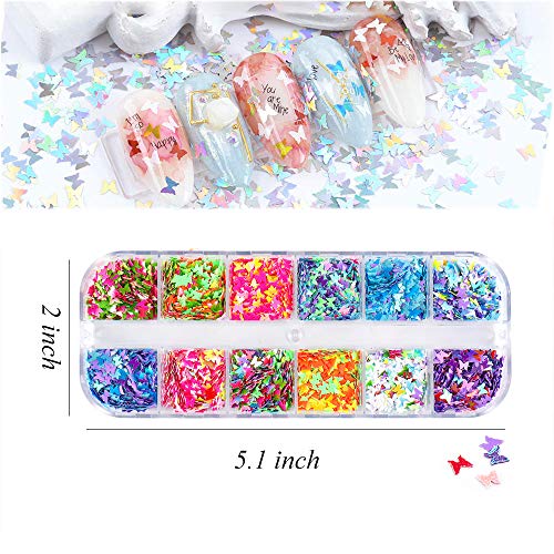 Kalolary 12 Colores Mariposa Lentejuelas Uñas Decoración Purpurinas Confeti Uñas Nail Art Glitter Brillos para Manicura y Diseños de Uñas (C)