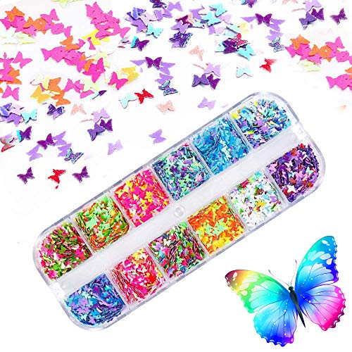Kalolary 12 Colores Mariposa Lentejuelas Uñas Decoración Purpurinas Confeti Uñas Nail Art Glitter Brillos para Manicura y Diseños de Uñas (C)