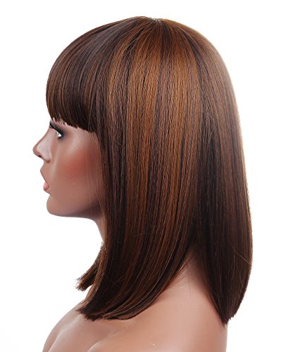 Kalyss Peluca de pelo corto para mujer, estilo bob con flequillo, resistente al calor, pelo sintético yaki, color marrón