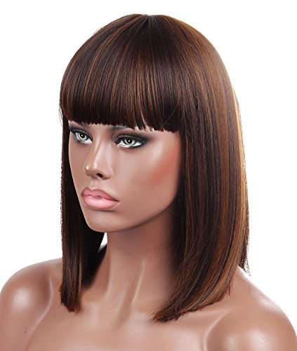 Kalyss Peluca de pelo corto para mujer, estilo bob con flequillo, resistente al calor, pelo sintético yaki, color marrón