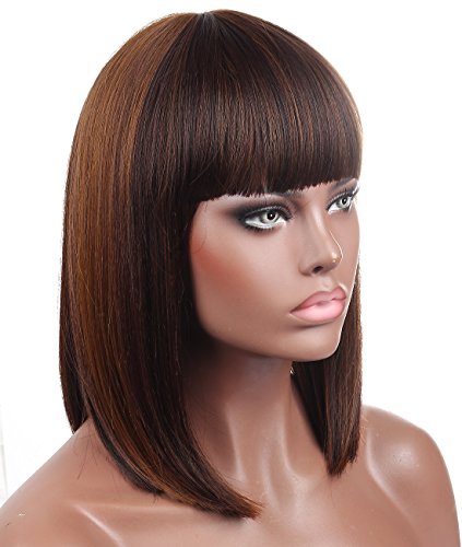 Kalyss Peluca de pelo corto para mujer, estilo bob con flequillo, resistente al calor, pelo sintético yaki, color marrón