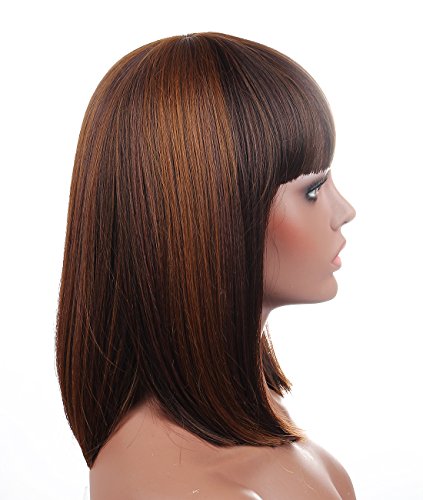 Kalyss Peluca de pelo corto para mujer, estilo bob con flequillo, resistente al calor, pelo sintético yaki, color marrón