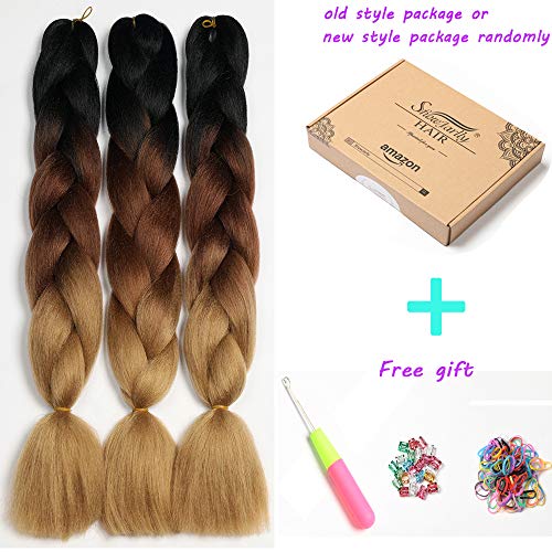 Kanekalon Extensiones de pelo trenzado Ombre 3 tonos de 60,96 cm, Showjarlly Ombre Jumbo trenzado de fibra de alta temperatura, 3 piezas/lote de 100 g/pieza, para trenzado de crochet