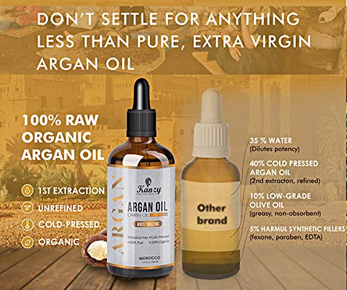 Kanzy Aceite de Argan Puro de Marruecos 100% Bio Morrocan Oil Rico en Vitamina E y Antioxidantes, Argan Oil para Cabello, Barba, Piel, Cuerpo y las Uñas en Botella de Vidrio 100ml