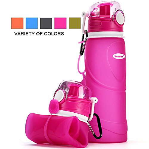 Kemier Botellas de Agua de Silicona Plegables–750ML,Calidad Médica Libre de BPA,Aprobado por FDA.Enrollarse,Botellas de Agua Plegables a Prueba de Fugas para el Aire Libre y Deportes (Rosa)