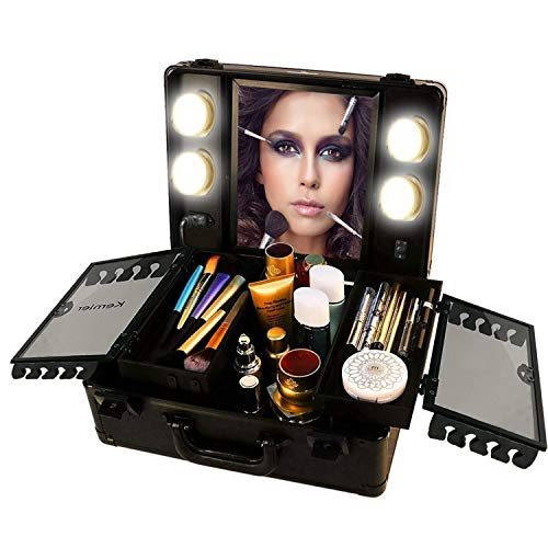Kemier Maletín de Viaje para Cosméticos–Estuche Organizador de Cosméticos con Luces y Espejos/Estuche de Cosméticos con Divisores Personalizables Conjunto Organizador de Maquillaje (Negro)