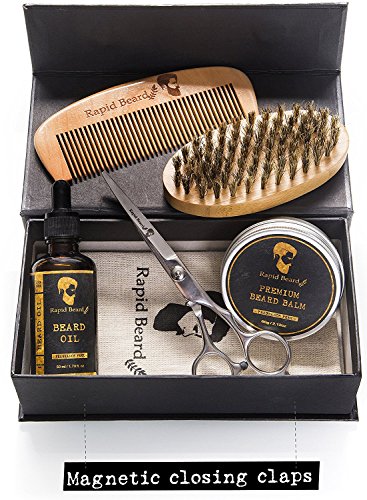 Kit Barba Cuidado para Hombre – Cepillo Barba De Cerdas Naturales De Jabalí, Peine, Aceite Barba Acondicionador, Cera Bálsamo Bigote, Sérum, Crema Hidratante, Tijeras - Set de Regalo para Hombres