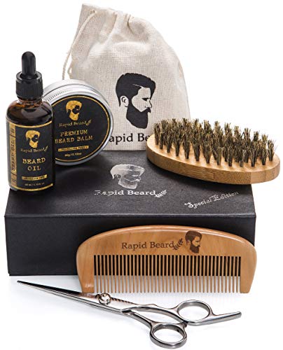 Kit Barba Cuidado para Hombre – Cepillo Barba De Cerdas Naturales De Jabalí, Peine, Aceite Barba Acondicionador, Cera Bálsamo Bigote, Sérum, Crema Hidratante, Tijeras - Set de Regalo para Hombres