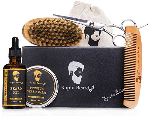 Kit Barba Cuidado para Hombre – Cepillo Barba De Cerdas Naturales De Jabalí, Peine, Aceite Barba Acondicionador, Cera Bálsamo Bigote, Sérum, Crema Hidratante, Tijeras - Set de Regalo para Hombres