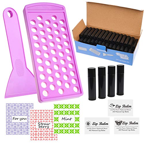 Kit de Bandeja de Llenado de Bálsamo Labial Kare & Kind – 1x Bandeja de Llenado, 1x Espátula, 50x Tubos de Bálsamo Labial (Negro), 50x Pegatinas Personalizables (3 Colores), 50x Pegatinas Impresas