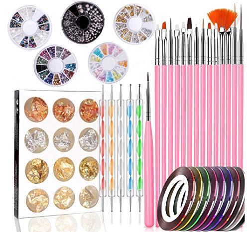 Kit de Diseño de Arte de Uña 47 piezas Decoración Uñas Nail Art 15 Pincel Uñas 5 Lápiz de Punto 10 Cintas Adhesivas Uñas 5 Diamantes de Imitación 12 Pegatina Lámina Paillette para Diseño de Uñas