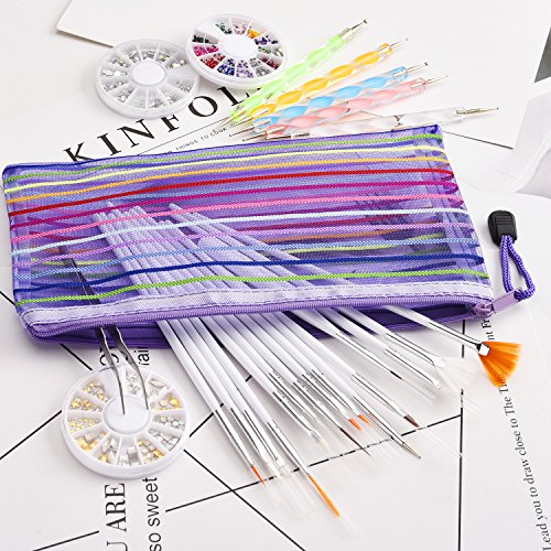 Kit de Diseño de Arte de Uña de 24 Piezas, 5 Piezas de Lápiz de Punto de 2 Extremos, Juego de 15 Pinceles de Pintura Pulido, Pinzas de Arte de Uña, 3 Cajas de Diamantes de Uñas Coloridos Pernos Platea
