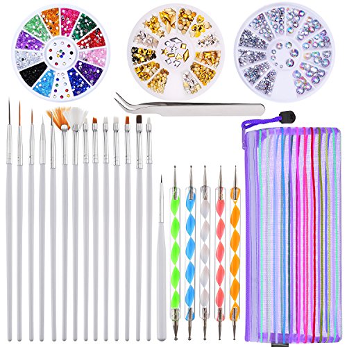 Kit de Diseño de Arte de Uña de 24 Piezas, 5 Piezas de Lápiz de Punto de 2 Extremos, Juego de 15 Pinceles de Pintura Pulido, Pinzas de Arte de Uña, 3 Cajas de Diamantes de Uñas Coloridos Pernos Platea