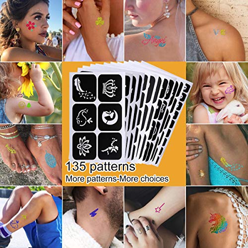 Kit de Tatuajes Temporales-GLAMADOR Brillo de Tatuaje 30 Colores, 145 Únicas Plantillas,4 Pinceles-Impermeable,No Tóxico para Cara y Cuerpo-Perfecto para Niños,Carnaval,Fiestas Cumpleaños,Eventos