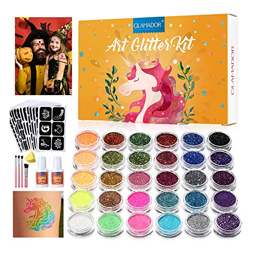 Kit de Tatuajes Temporales-GLAMADOR Brillo de Tatuaje 30 Colores, 145 Únicas Plantillas,4 Pinceles-Impermeable,No Tóxico para Cara y Cuerpo-Perfecto para Niños,Carnaval,Fiestas Cumpleaños,Eventos