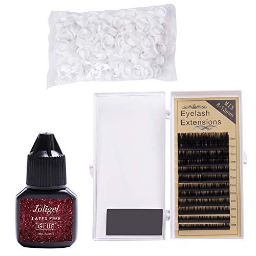 Kit extensión pestañas pelo a pelo profesional, 10ML Pegamento sin látex adhesivo + Extensiones de pestañas 0,15 Curva D mixto 8-13MM + 100 Anillos desechables para pestañas postizas semipermanentes