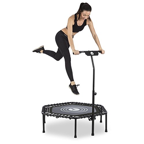 Klarfit Jumpanatic - Cama elástica de Entrenamiento, para Interiores y Exteriores, Superficie de Salto de 84 cm, Agarre a 6 Alturas Regulables: 109-134 cm, Resiste hasta 120 kg, Negro