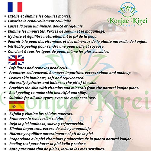 Konjac Kirei Paris - Esponja konjac limpiador facial exfoliante,para el cuidado facial de maquillaje, punto negro, 100% natural, para hombre y mujer, marca francesa (Arcilla rosa francesa)