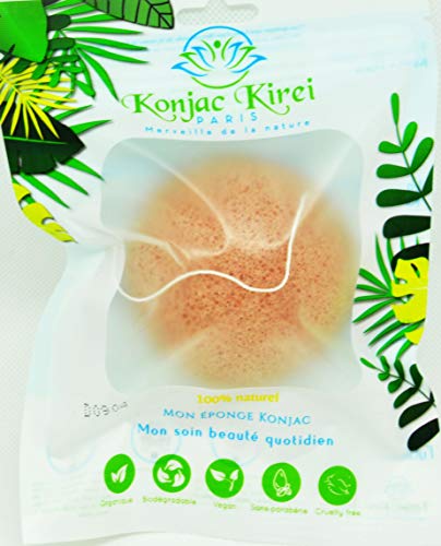 Konjac Kirei Paris - Esponja konjac limpiador facial exfoliante,para el cuidado facial de maquillaje, punto negro, 100% natural, para hombre y mujer, marca francesa (Arcilla rosa francesa)
