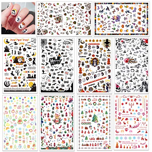 Konsait 1100+ pcs Navidad y Halloween pegatinas Uñas Decorativas Nail Art Stickers uñas Etiqueta autoadhesiva para uñas halloween decoración manicura niñas mujer, calavera, murciélago, calabaza
