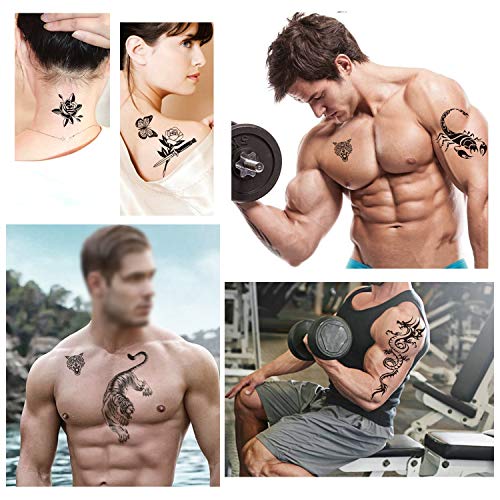 Konsait 15 grandes hojas negro tatuajes temporales para adultos hombres mujer dragón león lobo escorpión mandala flores falso tatuajes impermeables temporales