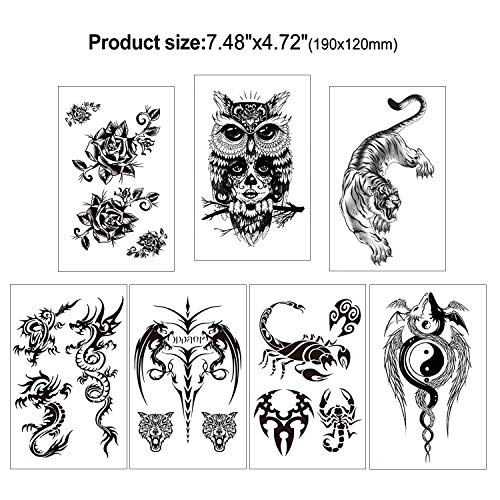 Konsait 15 grandes hojas negro tatuajes temporales para adultos hombres mujer dragón león lobo escorpión mandala flores falso tatuajes impermeables temporales