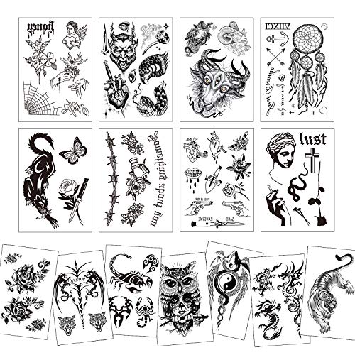 Konsait 15 grandes hojas negro tatuajes temporales para adultos hombres mujer dragón león lobo escorpión mandala flores falso tatuajes impermeables temporales