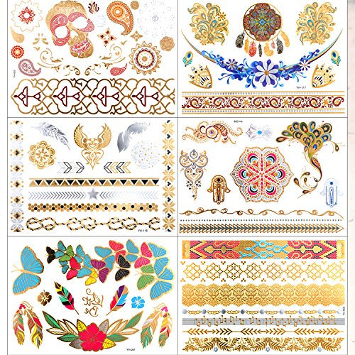 Konsait Tatuajes temporales para adultos mujer Niño (15 hojas), impermeable tatuajes temporales metálicos para brazo pecho y espalda, Flores Flechas Plumas Pulseras Muñequera