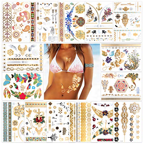 Konsait Tatuajes temporales para adultos mujer Niño (15 hojas), impermeable tatuajes temporales metálicos para brazo pecho y espalda, Flores Flechas Plumas Pulseras Muñequera