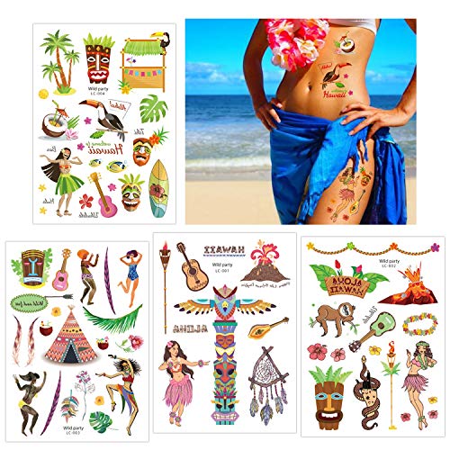 Konsait Tatuajes Temporales para Niños Niñas Adultos, Hawaiana Tropical Tatuaje Falso Pegatinas para Decoración de Fiesta de Verano, Infantiles Fiesta de cumpleaños Regalo