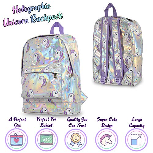 KreativeKraft Mochilas Escolares de Unicornios para Niñas, Bolso Niña con Diseño Holografico, Mochila Infantil Plateada para Colegio Viajes, Regalos para Niñas y Adolescentes