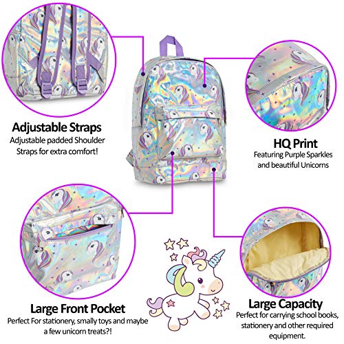 KreativeKraft Mochilas Escolares de Unicornios para Niñas, Bolso Niña con Diseño Holografico, Mochila Infantil Plateada para Colegio Viajes, Regalos para Niñas y Adolescentes