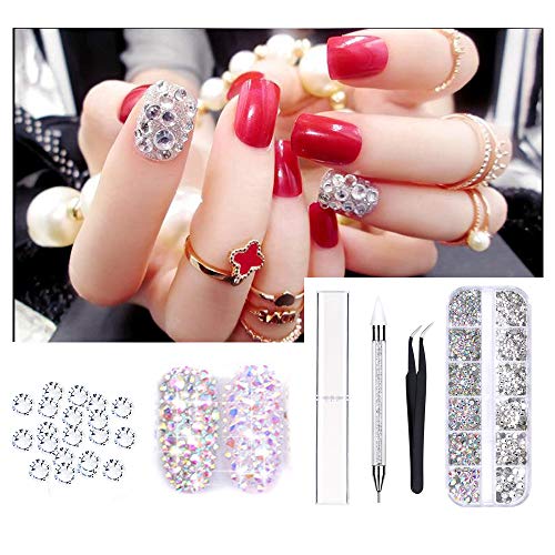 Kungfu Mall - Juego de cristales para uñas en 4 tamaños, cristales transparentes y diamantes de imitación, incluye pinza y bolígrafo de puntos, para manualidades en uñas y cara