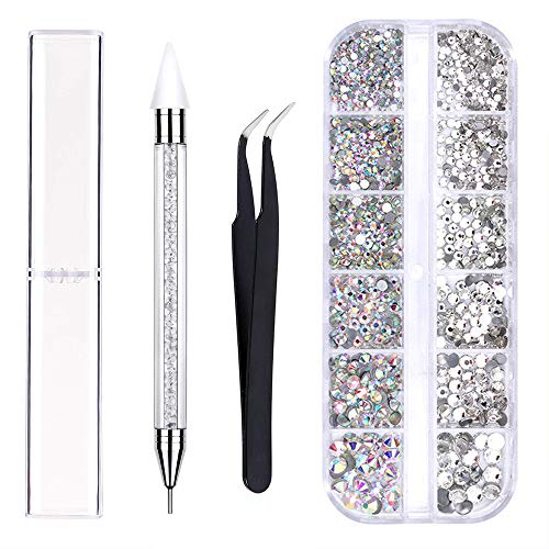 Kungfu Mall - Juego de cristales para uñas en 4 tamaños, cristales transparentes y diamantes de imitación, incluye pinza y bolígrafo de puntos, para manualidades en uñas y cara