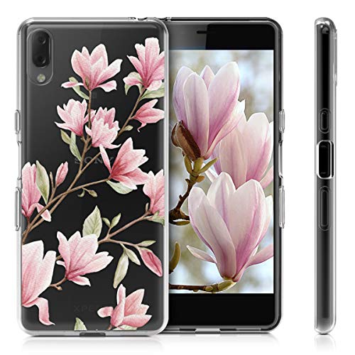 kwmobile Funda Compatible con Sony Xperia L3 - Carcasa de TPU y Magnolias en Rosa Claro/Blanco/Transparente