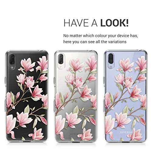 kwmobile Funda Compatible con Sony Xperia L3 - Carcasa de TPU y Magnolias en Rosa Claro/Blanco/Transparente