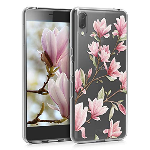 kwmobile Funda Compatible con Sony Xperia L3 - Carcasa de TPU y Magnolias en Rosa Claro/Blanco/Transparente