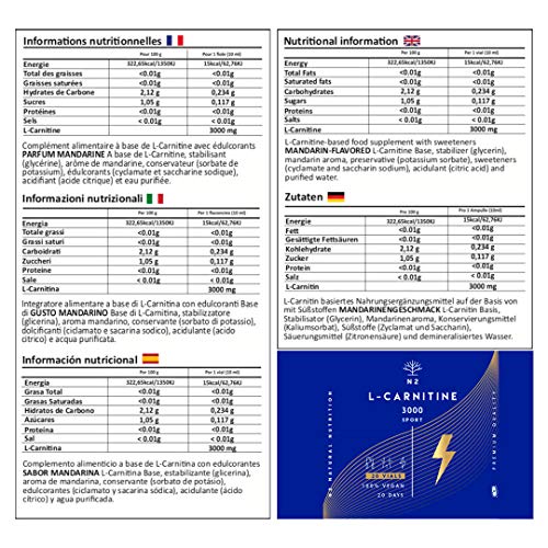 L CARNITINA Liquida 3000 mg.Suplemento Deportivo L-Carnitina Natural-Quemagrasas Líquido-Alta Absorción-Mejor Rendimiento.20 Viales-Facil Apertura-No se Rompen.Certificado VEGANO. N2 Natural Nutrition
