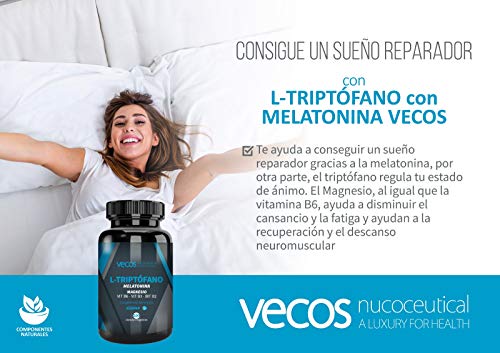 L-Triptófano con magnesio y melatonina de 1,9 para ayudar al descanso – Triptófano con vitaminas B2, B3 y B6 para regular el ciclo del sueño, estrés y bienestar - 600 mg dosis - 100 cápsulas vegetal