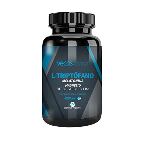 L-Triptófano con magnesio y melatonina de 1,9 para ayudar al descanso – Triptófano con vitaminas B2, B3 y B6 para regular el ciclo del sueño, estrés y bienestar - 600 mg dosis - 100 cápsulas vegetal