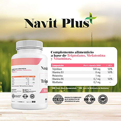 L-Triptófano de Navit Plus. Triptófano 500 mg + B6 + B3 + B2 + Melatonina |60 cápsulas vegetales | Tratamiento 2 meses | Complemento alimenticio para regular el sueño, estrés y bienestar. Fab en CE.