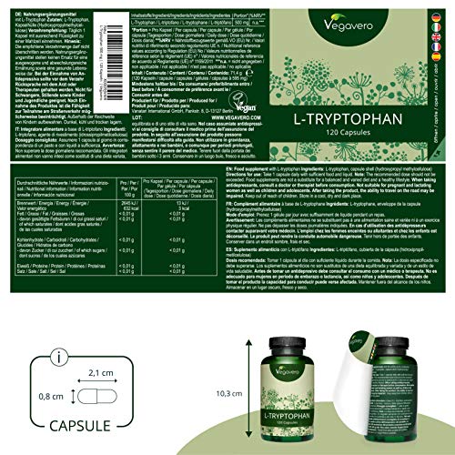L-Triptófano Vegavero® | Certificado 99.5% PURO | El Único Sin Aditivos | Ansiedad + Estrés + Insomnio | Precursor de Serotonina & Melatonina | 500mg | 120 Cápsulas | Testado en Laboratorio