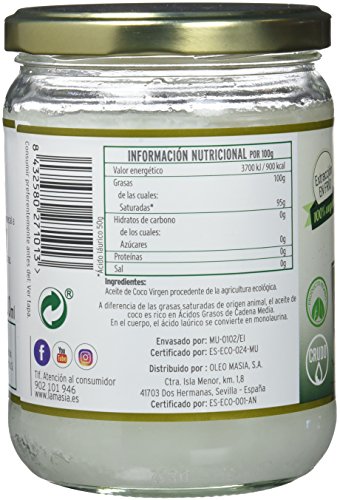 La Masia - Aceite De Coco Virgen Extra Ecológico - 430 ml