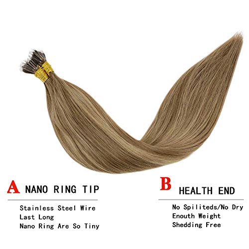 LaaVoo 20" Balayage Nano Tips Pelo Humano con Mechas #8/16/8 Balayage Marrón Claro y Miel Oscuro Rubio Remy Brazilian Mrico Nano Beads Ring Loop Hair Extensions 1g/pieza 50g