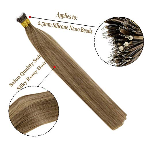 LaaVoo 20" Balayage Nano Tips Pelo Humano con Mechas #8/16/8 Balayage Marrón Claro y Miel Oscuro Rubio Remy Brazilian Mrico Nano Beads Ring Loop Hair Extensions 1g/pieza 50g