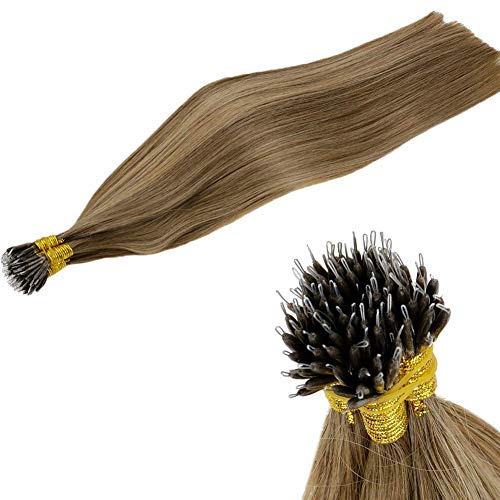 LaaVoo 20" Balayage Nano Tips Pelo Humano con Mechas #8/16/8 Balayage Marrón Claro y Miel Oscuro Rubio Remy Brazilian Mrico Nano Beads Ring Loop Hair Extensions 1g/pieza 50g