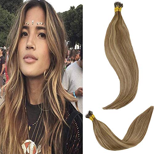 LaaVoo 20" Balayage Nano Tips Pelo Humano con Mechas #8/16/8 Balayage Marrón Claro y Miel Oscuro Rubio Remy Brazilian Mrico Nano Beads Ring Loop Hair Extensions 1g/pieza 50g