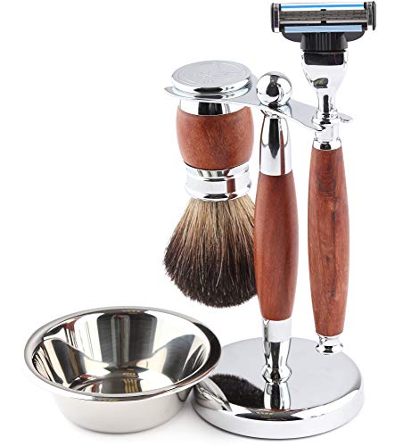 Ladeheid Set de Afeitado con Tazón Pelo Puro de Tejón Compatible con hojas Mach3 LA40-143