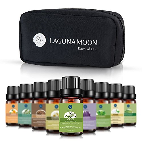 Lagunamoon Aceites Esenciales, Top 10 Set de Viaje de Aceites de Aromaterapia de Lavanda, Eucalipto, Hierba de Limón, Menta, Arból de Té, Jazmín, Aceites Esenciales para Humidificador, 100% Puros