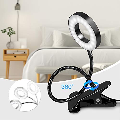 Lampara Lectura con Flexo Pinza 8W LED Luz Lectura escritorio Cuidado Ocular, 3 Modos de Luz y 10 Brillo Ajustable, 360° Flexible USB Regulable Lámpara para Libro, Tablet, Camping (Negro)
